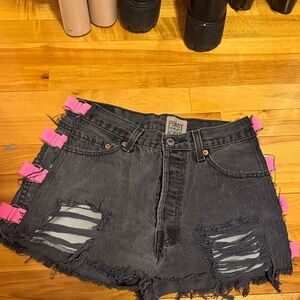 Distressed Black Denim Shorts with Pink Accents
